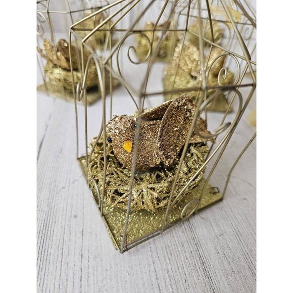 Gold cage bird ornament decor Xmas tree set lot of nine - Picture 3 of 9